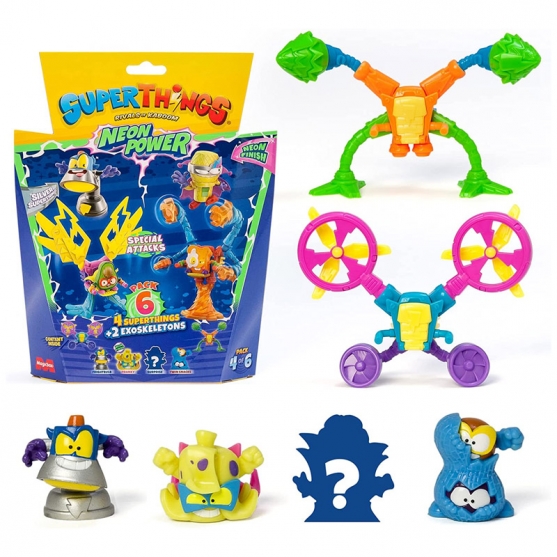 Figuras SuperThings Neon Power, Pack 6 (4 Superthings + 2 Exoskeletons), Pack 4 de 6
