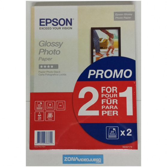 Papel fotográfico A4 Epson Glossy Photo 225 gr, 2 Paquetes de 20 hojas, 40 hojas